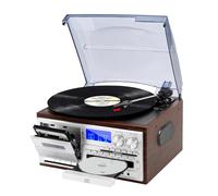 JORLAI 9-in-1 Platine Vinyle 3 Vitesses Bluetooth avec Prise Audio 3,5 mm, Vinyle Phono avec Haut-parleurs stéréo intégrés/Piles, CD/Cassette, Radio AM/FM, USB/SD, Marron