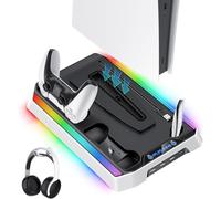 JORREPStation de recharge pour PS5/Slim/Pro et manettes Station de recharge pour console PS5 avec ventilateur de refroidissement, double chargeur de manettes,support de refroidissement