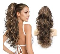 JoryJazzy Extension de queue de cheval de 61 cm, cheveux synthétiques longs, bouclés et ondulés avec pince à pince - Postiche d'aspect naturel - Pour femme - Pour un usage quotidien (châtain et doré