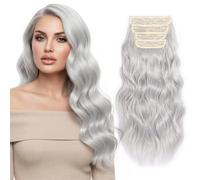 JoryJazzy Lot de 4 extensions de cheveux synthétiques ondulés à clipser - 50,8 cm de long - Doux, naturels, invisibles, épais, résistants à la chaleur - Pour mariage, fête, usage quotidien - Gris