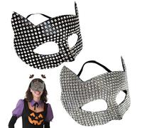 Jorzer 2pcs Cat Femme Masque à moitié Face en ramiage Costume de Chat Femmes Masque Cosplay à la Mode pour Halloween Masquerade Black + Silver Woman Rhinestone Cosplay.