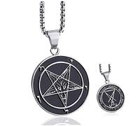 Jorzer Collier pendentif en acier inoxydable pour hommes sceau de Satan Sigil de Lucifer des deux côtés Baphomet chèvre diable chaîne pentagramme inversé 26 pouces collier pendentif pour hommes.