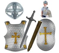 Jorzer Costume de Chevalier, 4 pièces/Ensemble, Armure de Chevalier médiéval à Motif croisé Comprenant Un Casque, Un Bouclier, Une épée et Une Armure corporelle, Costumes d'habillage pour Enfants