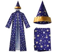 Jorzer Costume de sorcier, robe et chapeau de sorcier bleus à manches longues, cape en polyester à motif étoile, accessoires cosplay pour adultes, tenue pour hommes et femmes