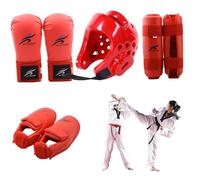 Jorzer Équipement de Protection pour karaté et Taekwondo en Polyester Comprenant 1 Casque, 1 Paire de Gants et Paire protège-Jambes, également pour Le vélo, Les Arts Martiaux Plus Encore, Rouge, S