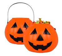 Jorzer Lot de 2 seaux citrouille d'Halloween en plastique avec poignée, grande capacité, réutilisables avec lumière LED chaude - 17 x 14,2 cm