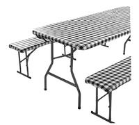 Jorzer Nappe de pique-nique rectangulaire ajustée avec housses de banc, imperméable, élastique, à carreaux, pour camping en plein air, noir et blanc