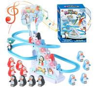 Jorzer Piste de Voiture Jouet Pingouin électrique grimpant Les escaliers Jouets avec 9 Jouets Pingouin, Jeu de Piste Course avec Musique et lumières LED Clignotantes, Rouleau Coulissant