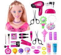 Jorzer Tête de poupée pour Coiffure 35 pièces/Ensemble tête de Coiffure simulée poupée pour Enfants avec sèche-Cheveux alimenté par Batterie Apprentissage imaginatif et du Maquillage Jouets Jeu simul