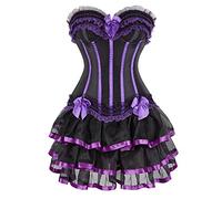 Josamogre Corset Jupe Bustier Overbust Robe Set Femmes Sexy Dentelle Lace Bande Guêpière Grande Taille Costumé Violet XS