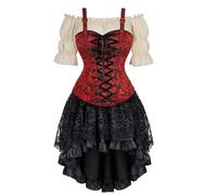 Josamogre Corset Jupe Robe Chemises 3 Set Pirate Femme Bustier Steampunk Bretelles Top Sexy Medieval Vetement Viking Vin Rouge L