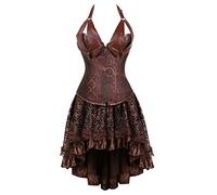 Josamogre Corset Jupe Steampunk Overbust Guêpière Bustiers Retro Minceur avec Jacket Burlesque Sexy Femmes Pirate Marron XS