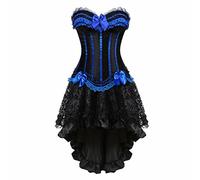 Josamogre Femme Sexy Corset Overbust Bustiers Jupe Tutu Set Robe Gothique Rayures Dentelle Halloweenn Bleu 3XL