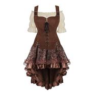 Josamogre Médiévale Femme 3 Set Robe Gilet sans Chemise Pirate Tenue Deguisement Victorienne Renaissance Vintage Halloween Costume de Viking Brun 3XL