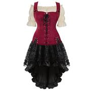 Josamogre Robe Médiévale Femme 3 Set Gilet sans Chemise Pirate Tenue Deguisement Victorienne Renaissance Vintage Halloween Costume de Viking Vin Rouge 3XL