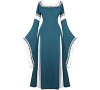 Josamogre Robe Médiévale Femme Renaissance Robes Longues Adulte Costume Paysan Vintage Halloween Gothique Bleu Vert foncé XS