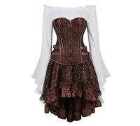 Josamogre Steampunk Corset Bustier Femme Jupe Robe Top 3 Pcs Set Floral Dentelle Sexy Lingerie Halloweenn Medieval Grande Taille Brun M