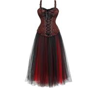 Josamogre Steampunk Corset Robes Bustier Jupe Courte Set Plus Size Vintage Pirates Gothique Costume Halloween Rouge Brun 6XL