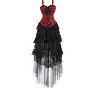 Josamogre Steampunk Corset Robes PiratesJupe Courte with Tutu Set Plus Size Vintage Lace up Gothique Costume Halloween Rouge 7XL