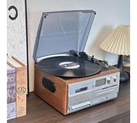 JOSBY Lecteur CD/Cassette Bluetooth, Tourne-Disque rétro Multifonctionnel, Platine Vinyle 3 Vitesses et Lecteur de Cassettes, avec télécommande, Haut-parleurs intégrés et écran LED
