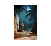 Joseph And Mary Protecting The Infant Jesus As They Fuite Into Egypt, Moonlight Casting Shadows of Palm Trees on Their Path. Décoration murale contemporaine - Poster décoratif à suspendre 40 x 60 cm