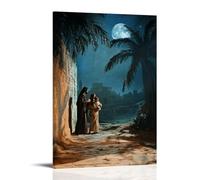 Joseph And Mary Protecting The Infant Jesus As They Fuite Into Egypt, Moonlight Casting Shadows of Palm Trees on Their Path. Décoration murale contemporaine - Poster décoratif à suspendre 60 x 90 cm