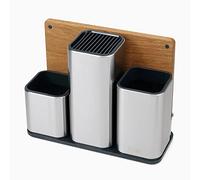 Joseph Joseph Counterstore Porte-ustensiles cuisine, Lot de 3 Pot à ustensiles et couteaux avec planche à découper en bois, Organisateur sur Plan à Poser, Acier inoxydable