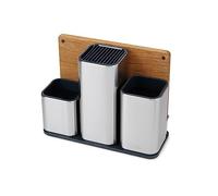 Joseph Joseph Counterstore Porte-ustensiles cuisine, Lot de 3 Pot à ustensiles et couteaux avec planche à découper en bois, Organisateur sur Plan à Poser, Acier inoxydable