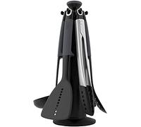 Joseph Joseph Elevate Lot de 6 Ustensiles et Pinces de cuisine en Nylon, Antiadhésif et Résistant à la chaleur jusqu'à 200 ℃ avec Porte-Ustensiles Rotatif, Inox/Noir