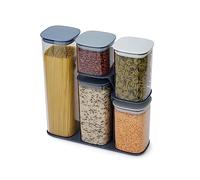 Joseph Joseph Podium Bocaux Hermétiques Lot de 5, Boîtes de Conservation des Aliments Cuisine avec Support et Couvercle, Tranparent/Bleu