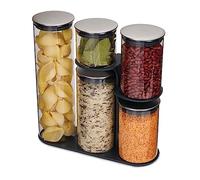 Joseph Joseph Podium - Lot de 5 Bocal en verre avec Couvercle, Pots et Bocaux de Conservation Hermétique, Avec Support, Noir/Acier Inox