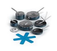 Joseph Joseph Space Batterie de cuisine antiadhésive 6 pièces avec poignées pliantes, 4 couvercles en verre, 3 protections de poêle en feutre, compatible avec l'induction