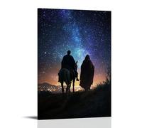 Joseph Leading Mary on A Donkey Under A Sky Full of Stars, Bethlehem's Lights Twinkling in The Distance Like Prophecy. Décoration murale contemporaine - Poster décoratif à suspendre 50 x 75 cm