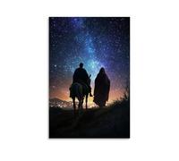 Joseph Leading Mary on A Donkey Under A Sky Full of Stars, Bethlehem's Lights Twinkling in The Distance Like Prophecy. Décoration murale contemporaine - Poster décoratif à suspendre 60 x 90 cm