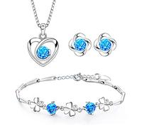 Josfeva Silver Jewellery Sets for Women, 925 Sterling Silver Stud Earrings & Necklace & Bracelet Sets with 5A Cubic Zirconia, Heart Pendant Clover Jewellery Set Gift for Christmas Birthday Valentines