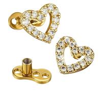 Josojoou Lot de 2 piercings dermiques en forme de cœur en acier chirurgical 316L avec oxyde de zirconium 14 g pour homme et femme (doré)