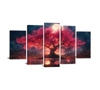 JOSUE 5 Pcs Impression sur Toile Arbre arbre de la vie Tableau Lac lunaire Impression sur Toile Art mural pour Salon Salle de bain Bureau Décoration Murale(Rose 7)-80x150cm Encadrée
