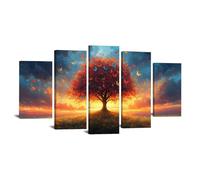 JOSUE 5 Pcs Moderne Grand Arbre de la vie Impression sur Toile Coucher de soleil Paysage naturel Tableau décoration moderne imprimé sur toile pour Chambre Cuisine Bar(Orange 2)-80x150cm Encadrée