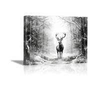 JOSUE animal Cerf Tableau Peinture Sur Toile,Cerf de forêt d'hiver abstrait Noir blanc DéCoration Murale Pour Salon Chambre Maison Bain-30x40cm Encadrée