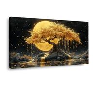 JOSUE Arbre de la vie Impression sur Toile Image Murale Lune Arbre Peinture Affiche Abstrait Image Tableau Decoration Murale Salon(Jaune 31)-40x80cm Encadrée
