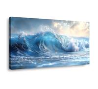 JOSUE Bleu,blanc Moderne Impression sur Toile Océan, Vagues abstraites de l’océan Peinture Image Tableau Décoration Murale pour Maison Bain Salon Chambre Peintures-60x120cm Encadrée