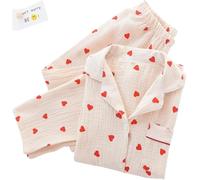 JosuE Ensemble de Pyjama à imprimé cœur, Ensemble Pyjama en Coton,Beige,M