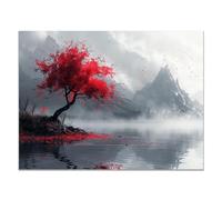JOSUE Grand Poster Mural Xxl Noir Et Blanc Montagne d’encre Tableau Grand Format Sur Toile,Gris, rouge Peintures Salon DéCoration Murale Impression- 40x60cm Sans cadre