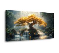 JOSUE Impression sur Toile Arbre De Vie Coloré Rivière Arbre Tableau Murale decoration murale chambre coucher Salle de bains Bar(Or 17)-60x120cm Encadrée
