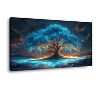 JOSUE Impression sur Toile Arbre de Vie Tableau Peinture Affiche Coloré Paysage naturel-Impression panoramique moderne-Pour chambre à coucher(Bleu 3)-30x60cm Encadrée
