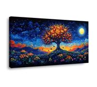 JOSUE Impression sur Toile Arbre de Vie Tableau Peinture Affiche Coloré Paysage naturel-Impression panoramique moderne-Pour chambre à coucher(Bleu 3)-50x100cm Encadrée