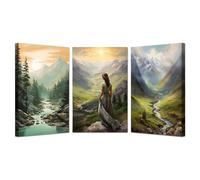 JOSUE Lot of 3 Paysage De Montagne Tableau Arbres, Rivière, Coucher De Soleil, Paysage,Vert, gris Tableau Chambre Enfant Decoratifs Muraux Salon DéCor-20x30cmx3 Encadrée