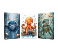 JOSUE Lot of 3 Tableau Animal Animal Mer Océan Decoration Murale Salon Toile Tableau,Jaune, bleu Image Pour Salon Chambre DéCoration Murale Moderne- 20x30cmx3 Encadrée