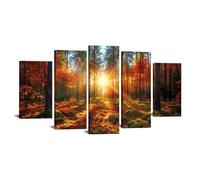 JOSUE Lot of 5 Tableau Nature Forêt colorée Impression Sur Toile Photo Peinture,Orange, or Tableau Chambre Enfant Decoratifs Muraux Salon DéCor- 50x100cm Encadrée