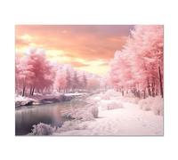JOSUE Paysage d'hiver Forêt de neige Salon Impressions sur toile, Arbres couverts de neige Blanc, rose Tableau ImpriméS Pour Salle De Bain Chambre à Coucher -75x115cm Sans cadre